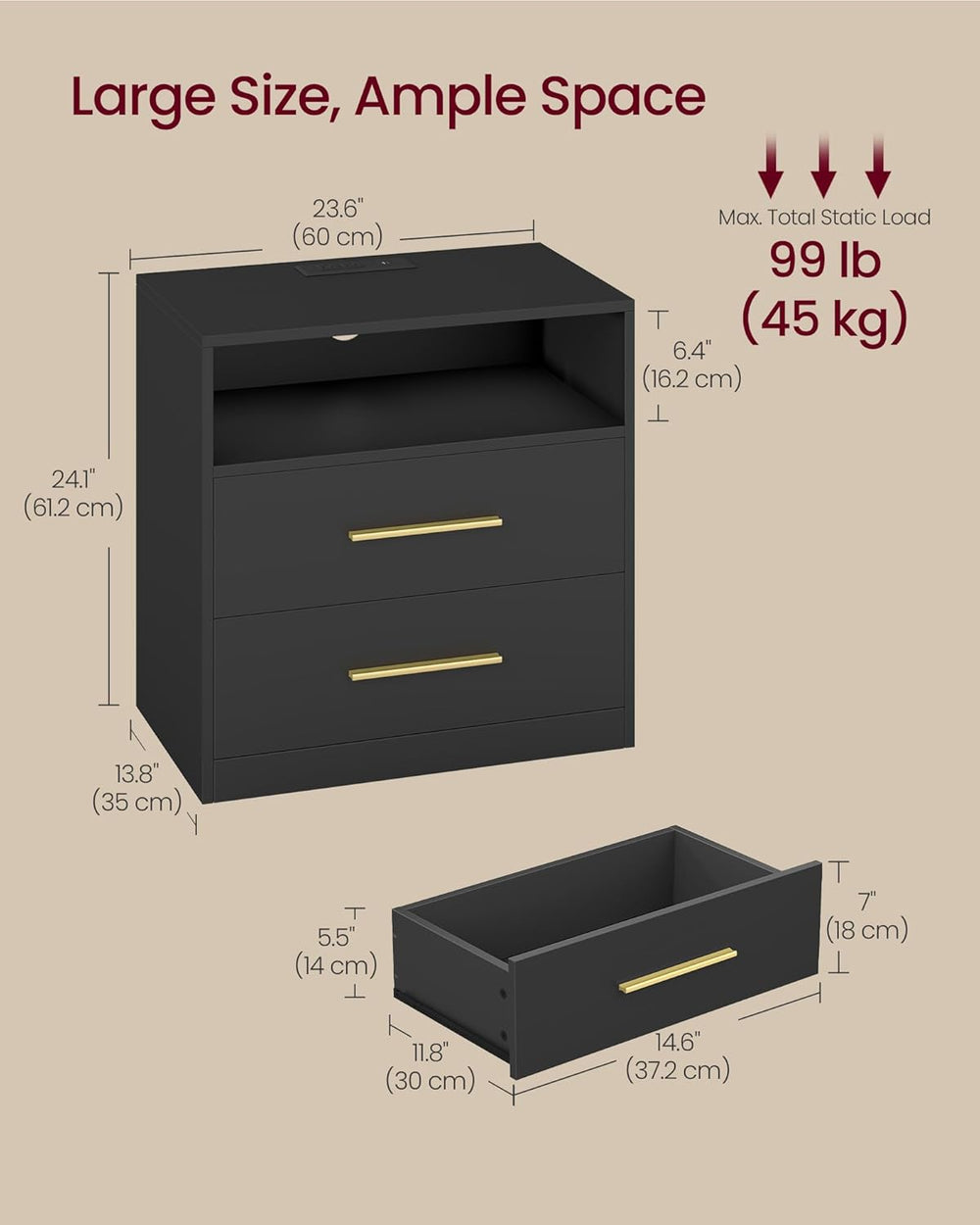 VASAGLE CUSTOS Collection Nightstand with Charging Station, 23.6 Inch | LED L...