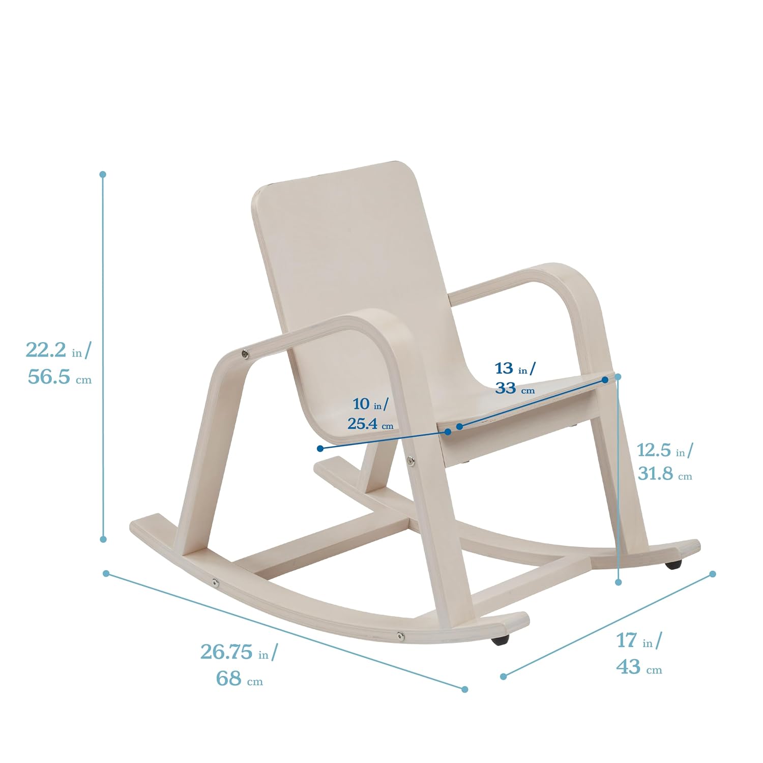 ECR4Kids Bentwood Rocking Chair with Armrests, Montessori, White Wash | Durable birch, GREENGUARD Gold Certified, 2-5 years, 74 lb capacity, comfortable curved seat, nylon glides, classroom/home