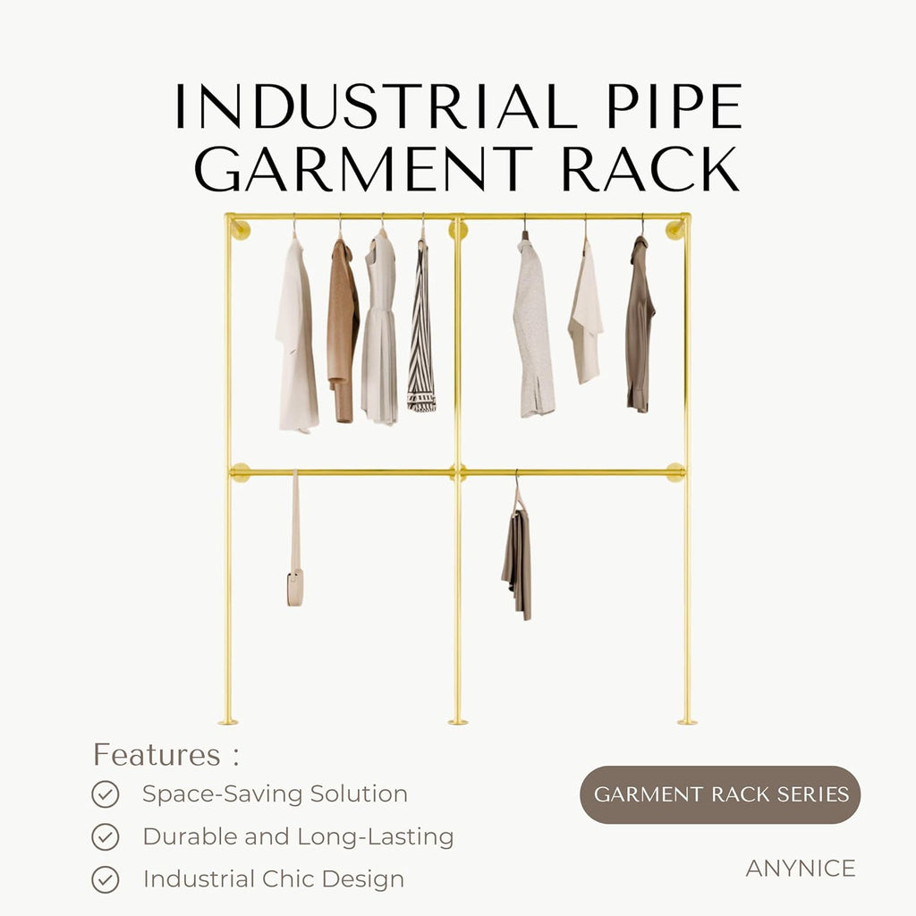 Industrial Pipe Clothing Rack, Heavy Duty Wall Mounted Clothes Rack, Retail Display Hanging Garment Rod for Laundry Rooms Closet Storage, 14.6x75x82.7 Inches, Model K09 Gold