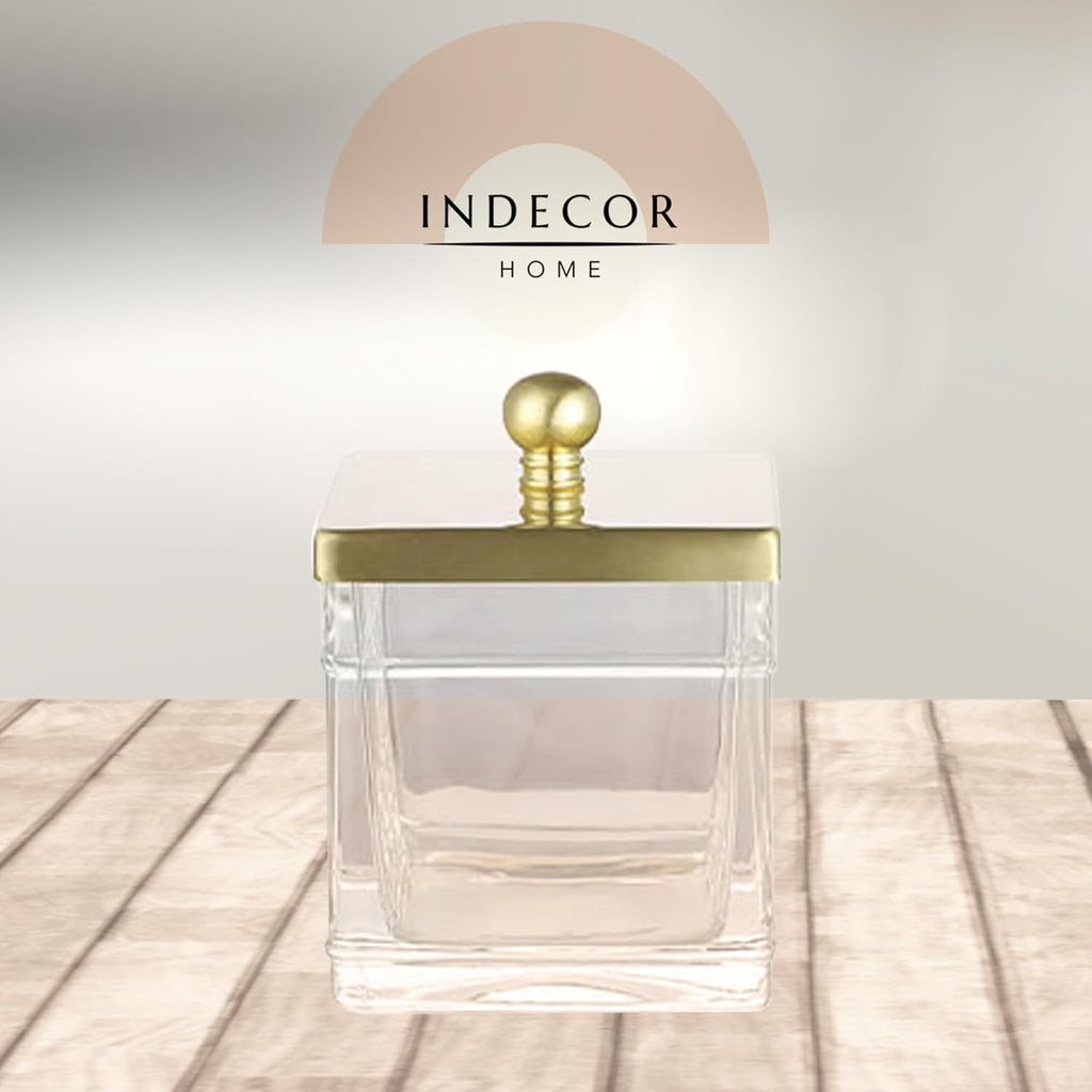 Clear Transparent Hotel Style Apothecary Tempered Glass Canister Jar W/ Gold Metal Lid Cover, Classic Countertop Organizer for Cotton balls/pads, Floss Picks, Makeup Storage
