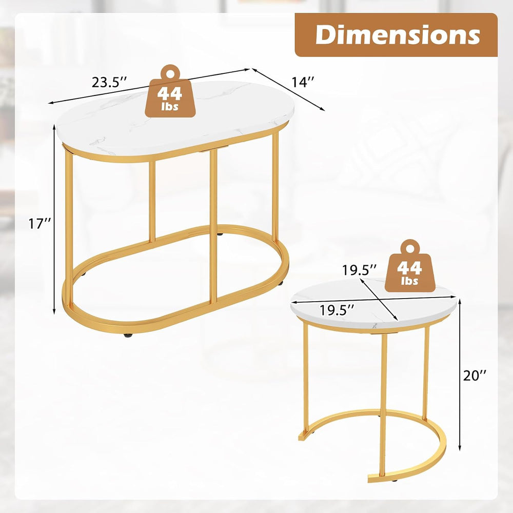 LDAILY Nesting Coffee Table Set with Marble-Look Top, 2-Piece | Golden Steel ...