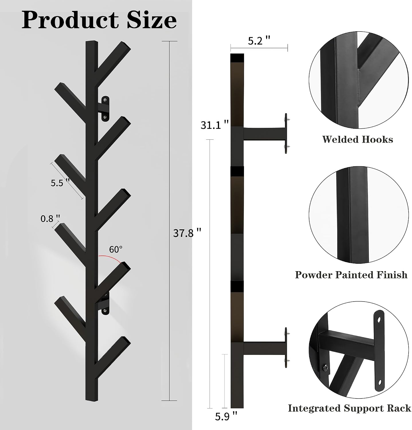 Prywot Coat Rack Wall Mounted - 9 Hooks, Coat Hooks for wall, Modern Metal Coat Tree for Hats, Jackets, Bags, Entryway Bedroom-Black (Height 37.8")