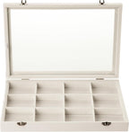 Frebeauty Velvet Jewelry Tray,12 Grid Jewelry Organizer with Clear Lid,Bracelets Holder,Jewelry Display Case with Clasp,Drawer Insert Bangle Brooch,13.8 x 9.5 x 2 Inches,Gift for Women Girls(Beige)