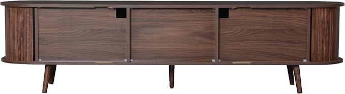 Mid Century Modern TV Stand for TVs up to 75”, Fluted Entertainment Center, Media Console with Tambour Sliding Doors and Wood Panel Drawers, Walnut Finish Media Console for Living Room