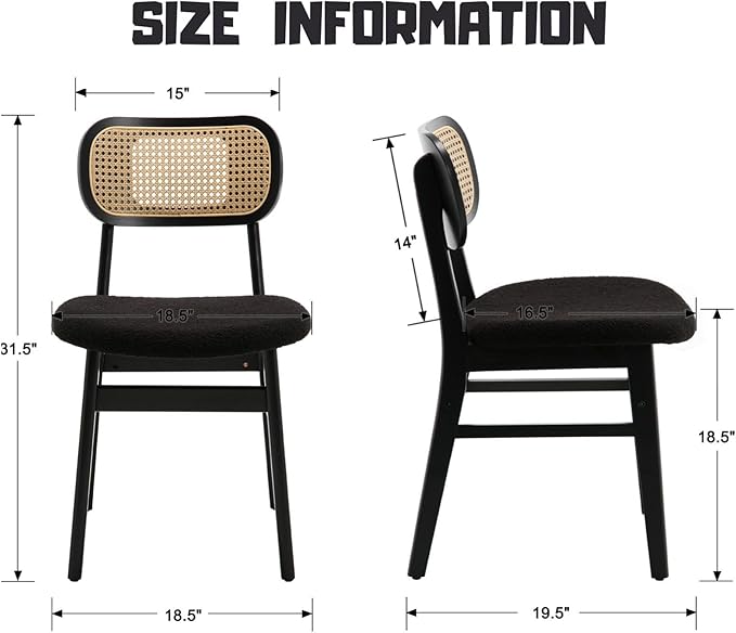 Black Rattan Dining Chairs Set of 2 Lambswool Dining Room Chairs Natural Wooden Kitchen Chairs Farmhouse Boho Side Chairs