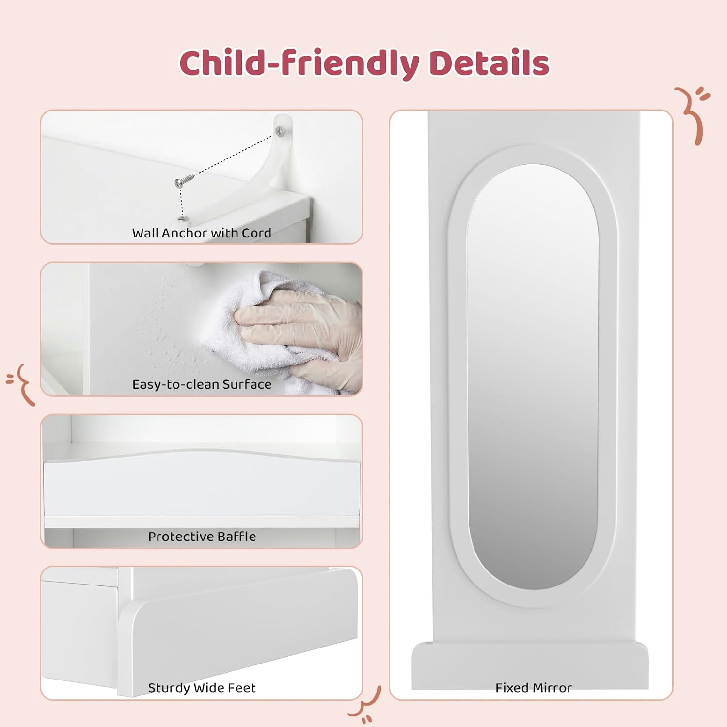 VOWNER Kids Wardrobe Closet with Mirror and Storage Shelves (White) | Dress up closet with hanging rod, shoe rack & 3 hooks, ideal for bedroom, playroom & nursery
