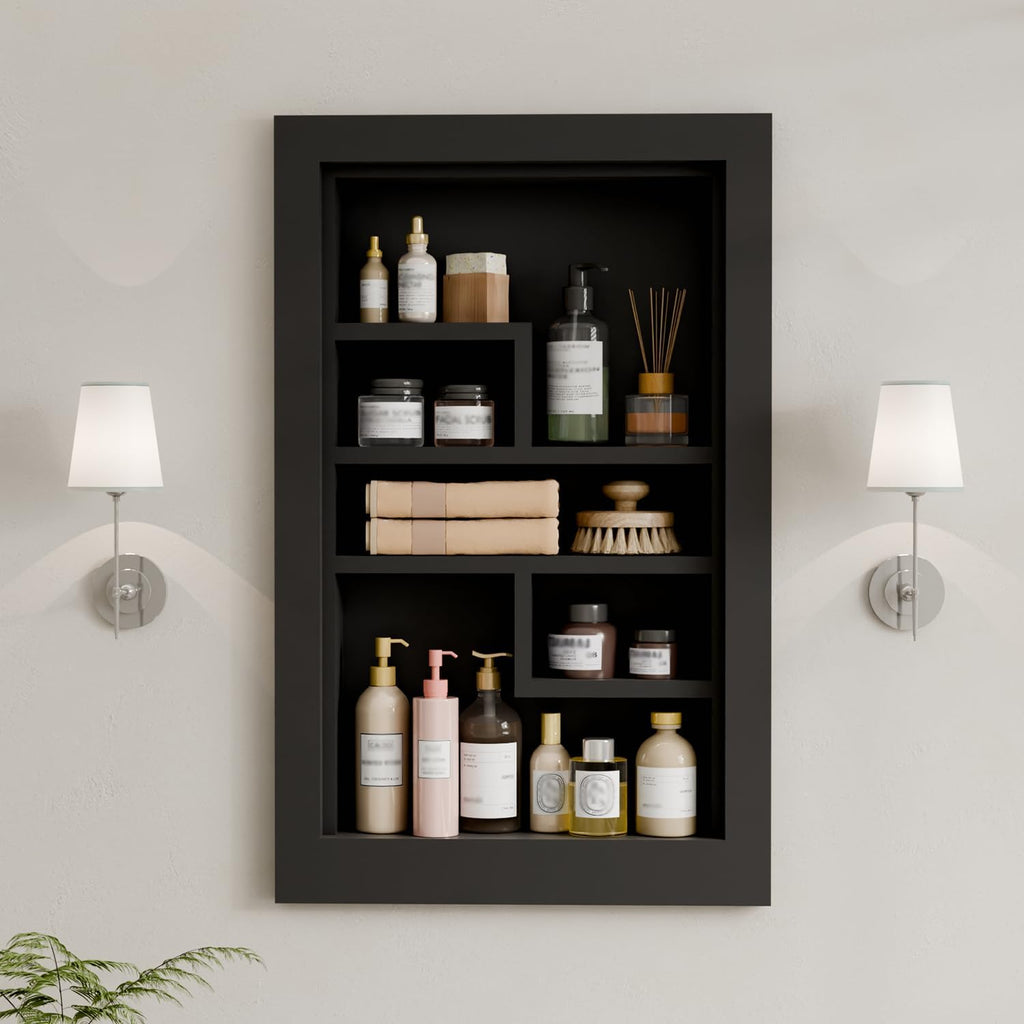 Solid Wood 14 X 24 Recessed Medicine Cabinet,3-Tier, Medicine Cabinet Organizer,Wall Niche, Bathroom Wall Cabinet, Recessed Bathroom Cabinet, Bathroom Cabinet with Storage Black