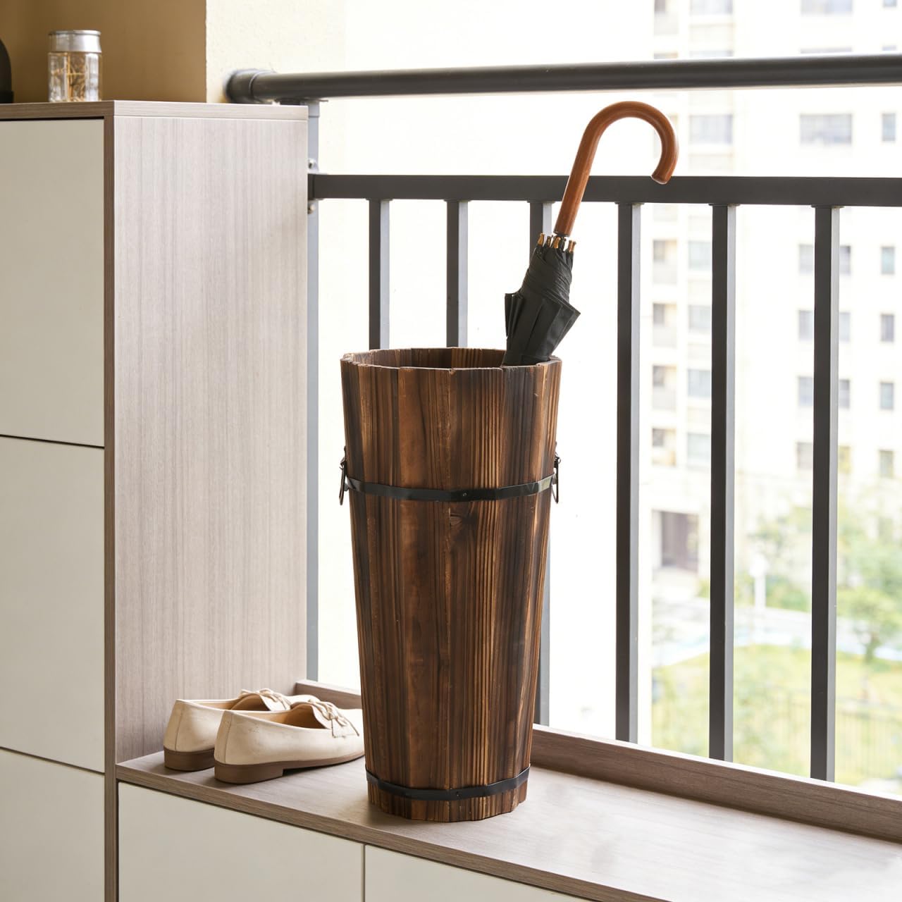 MAGICLULU Handmade Carbonized Wood Stand Modern Umbrella Stand Storage Tube for Umbrellas Walking Sticks and Decorative Fans Indoor Outdoor