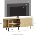 63" TV Stand with Power Outlet, Modern Media Console with Sliding Doors, Entertainment Center for TVs up to 60 Inch, Adjustable Shelves, Oak