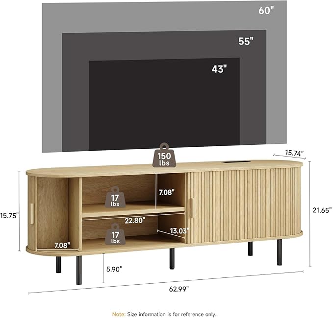 63" TV Stand with Power Outlet, Modern Media Console with Sliding Doors, Entertainment Center for TVs up to 60 Inch, Adjustable Shelves, Oak