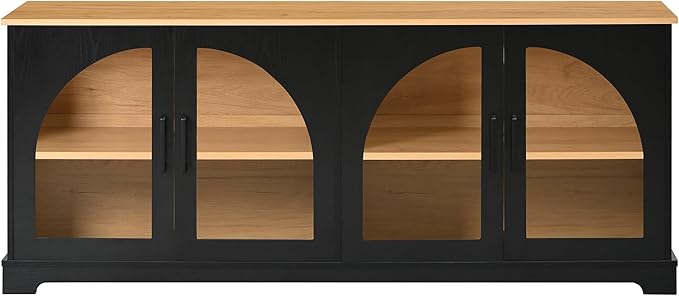 Farmhouse TV Stand with Adjustable Shelves for TVs up to 70'', Entertainment Center with Semi-Arched Glass Doors, Wood Grain Sideboard with Cable Management for Living Room, Black