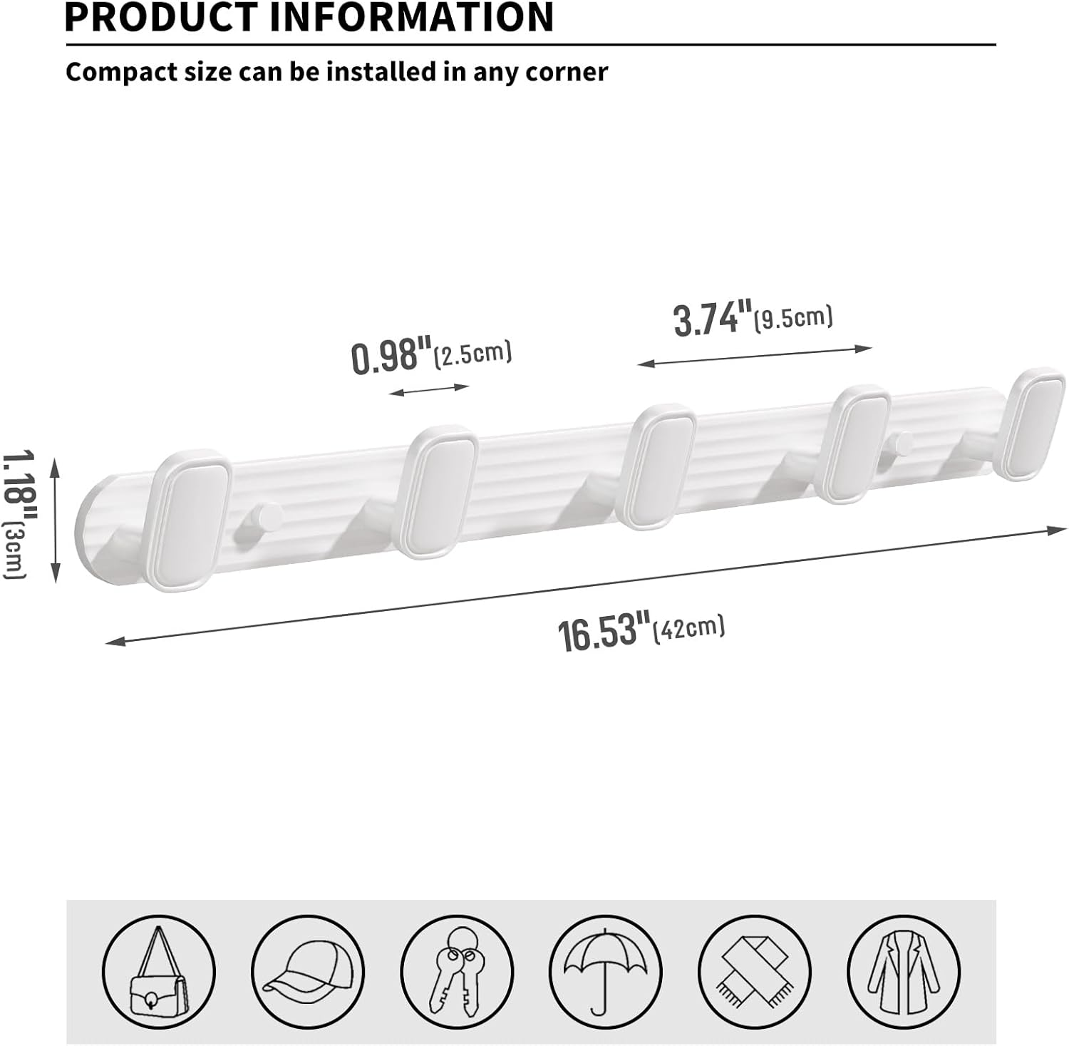 Coat Rack Wall Mount White, 5 Hooks Rack Metal Coat Hanger Wall for Hanging Hat Purse and Robes, Towel Hook for Bathrooms and Entryway (1 Pack)