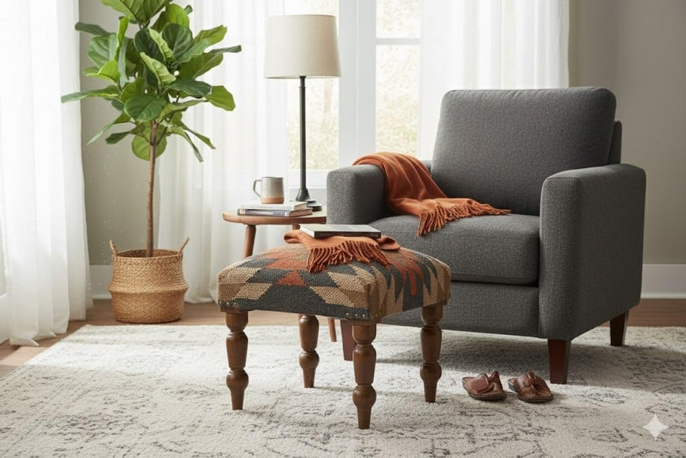 Handmade Jute Upholstered Ottoman Stool | Square Foot Rest with Wooden Legs |...