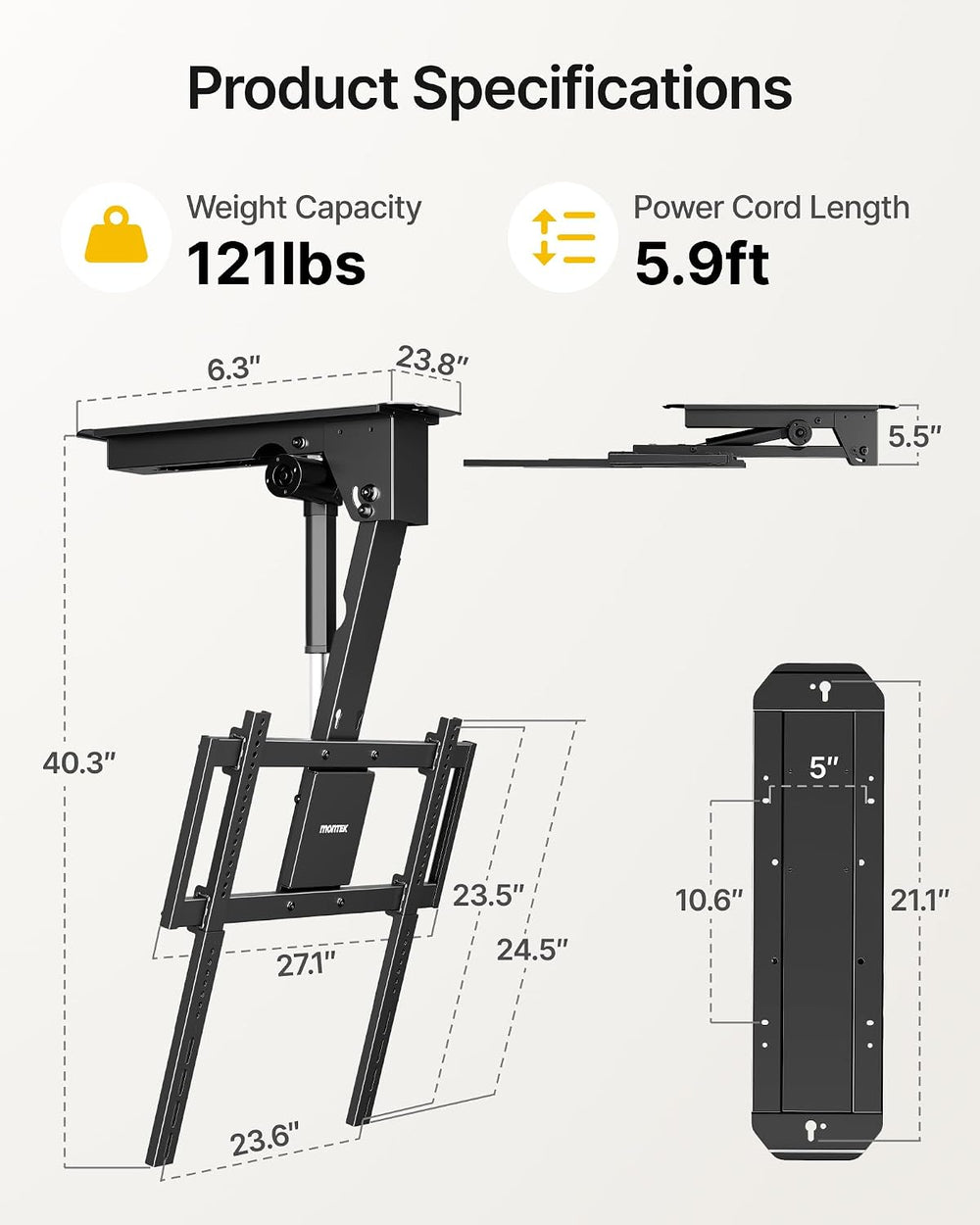 monTEK Motorized Ceiling TV Mount for 32-75 Inch TVs, Holds up to 121 lb | Lo...