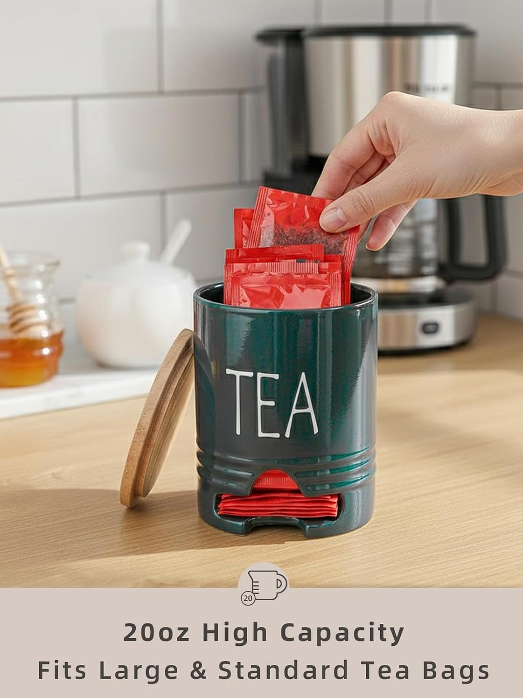 Farmhouse Ceramic Tea Bag Holder with Wood Lid for Countertop (Navy)