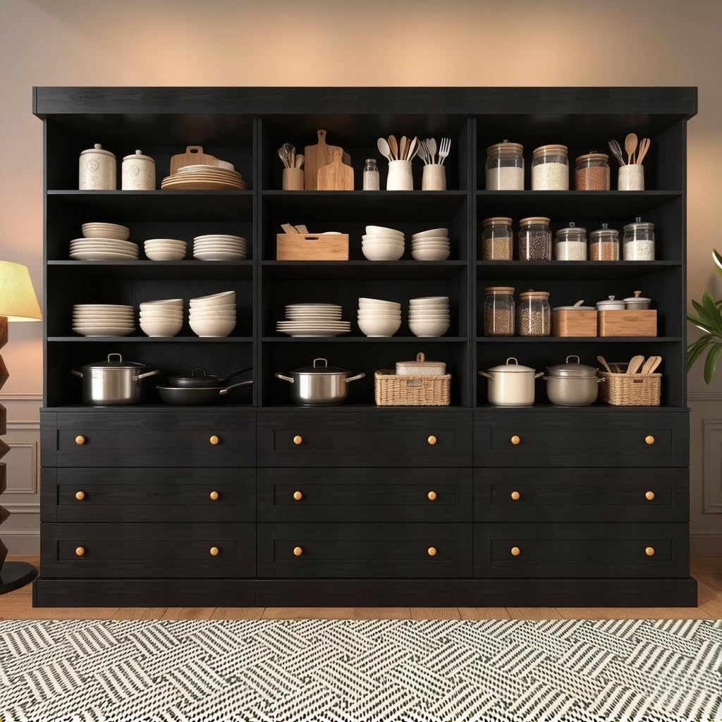 Vyre 71" Tall Farmhouse Kitchen Pantry, Set of 3 Large Storage Cabinets with 3 Drawers, Adjustable Shelves, Wood Versatile Hutch Cabinet for Living Room, Dining Room, Black