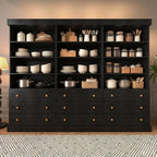 Vyre 71" Tall Farmhouse Kitchen Pantry, Set of 3 Large Storage Cabinets with 3 Drawers, Adjustable Shelves, Wood Versatile Hutch Cabinet for Living Room, Dining Room, Black