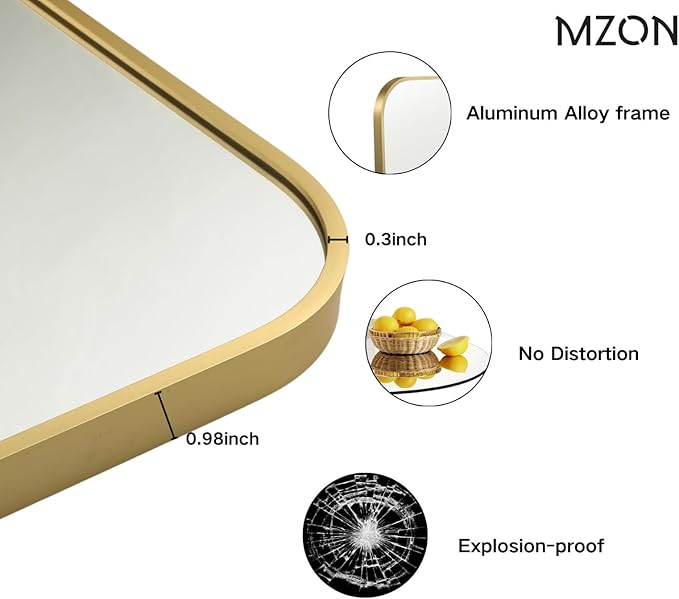 MZON 22x30 Inch Brushed Gold Vanity Mirror, Rectangle Bathroom Mirrors for Ov...