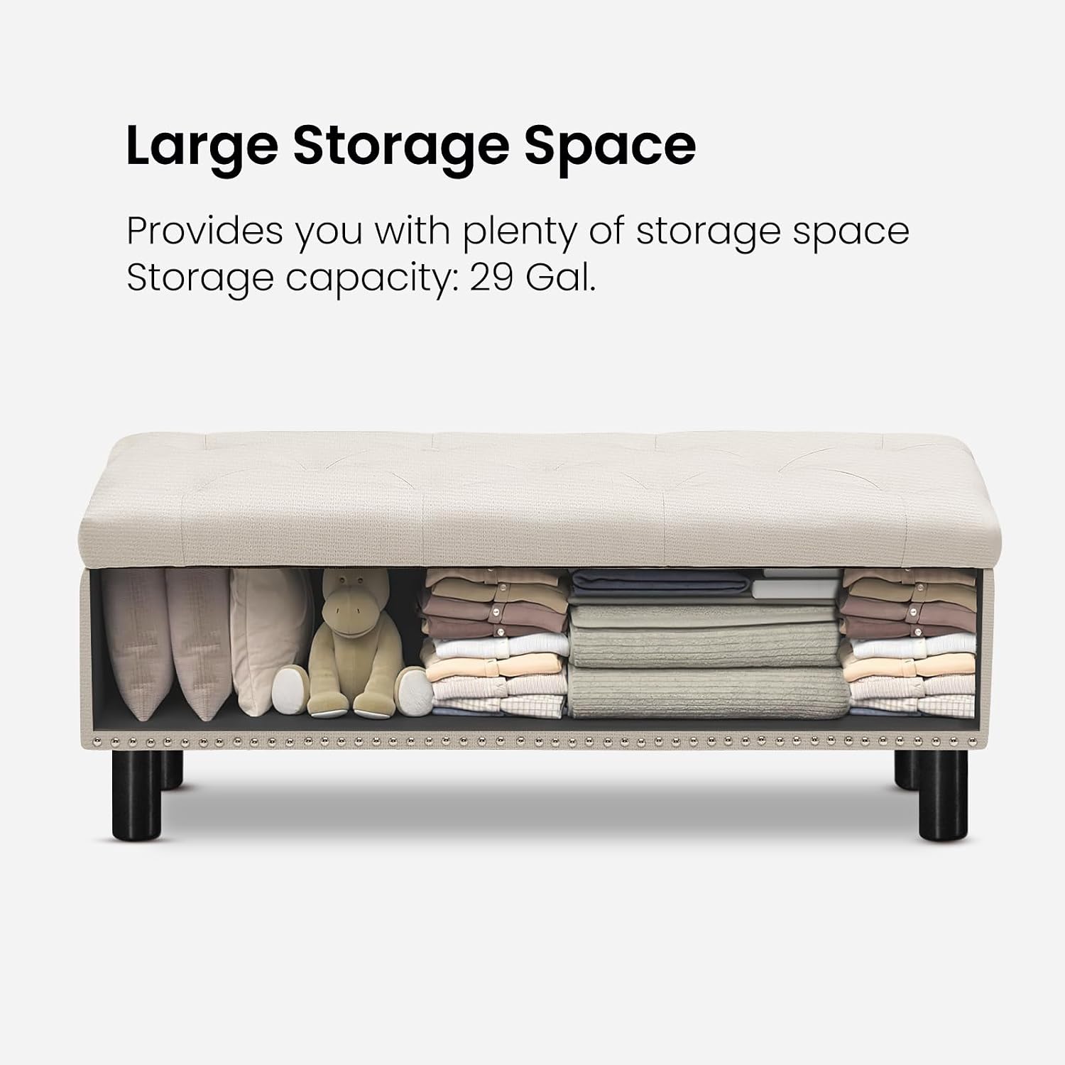 Furniliving 42" Ottoman with Storage, End of Bed Bench with Button-Tufted Large Upholstered Storage Ottoman Entryway Bench Storage Bench for Bedroom, Living Room, Linen, Beige