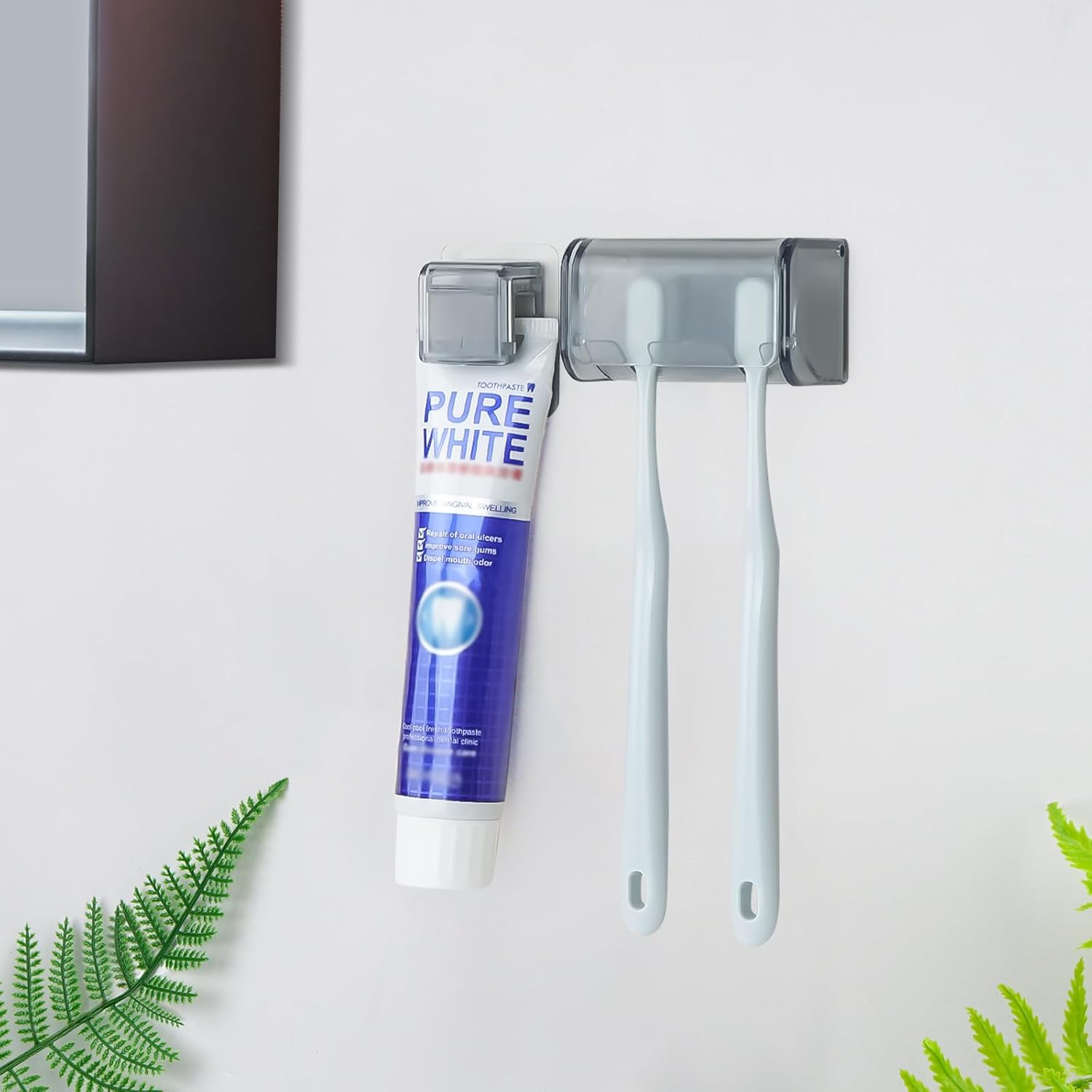 Toothbrush Holder Wall Mounted with Cover for Bathroom, 2 Slots Toothbrush Storage Organizer for Shower, Self Adhesive Toothbrush Hanger with Toothpaste Clip