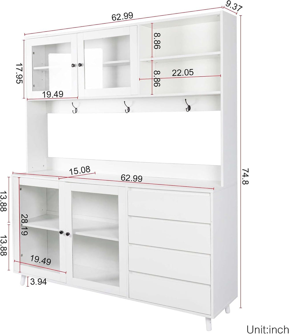 63'' Kitchen Pantry Cabinets with Microwave Shelf, Freestanding Pantr...