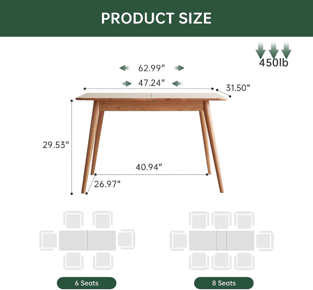 47’’-63’’ 100% Oak Extendable Dining Table and Chairs Set for 4, Solid Wood F...