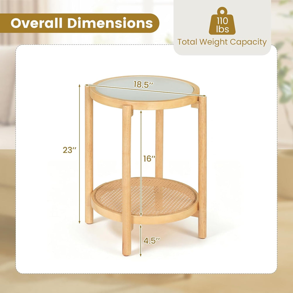 Giantex Rattan Round Side Table, 2-Tier Boho End Table w/Tempered Glass Top, ...