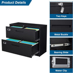 2 Drawer File Cabinet, Lateral Filing Cabinets for Home Office, Office Storage Drawers with Lock, Hanging Files Legal/Letter A4 Size (Assemble Required,Black)