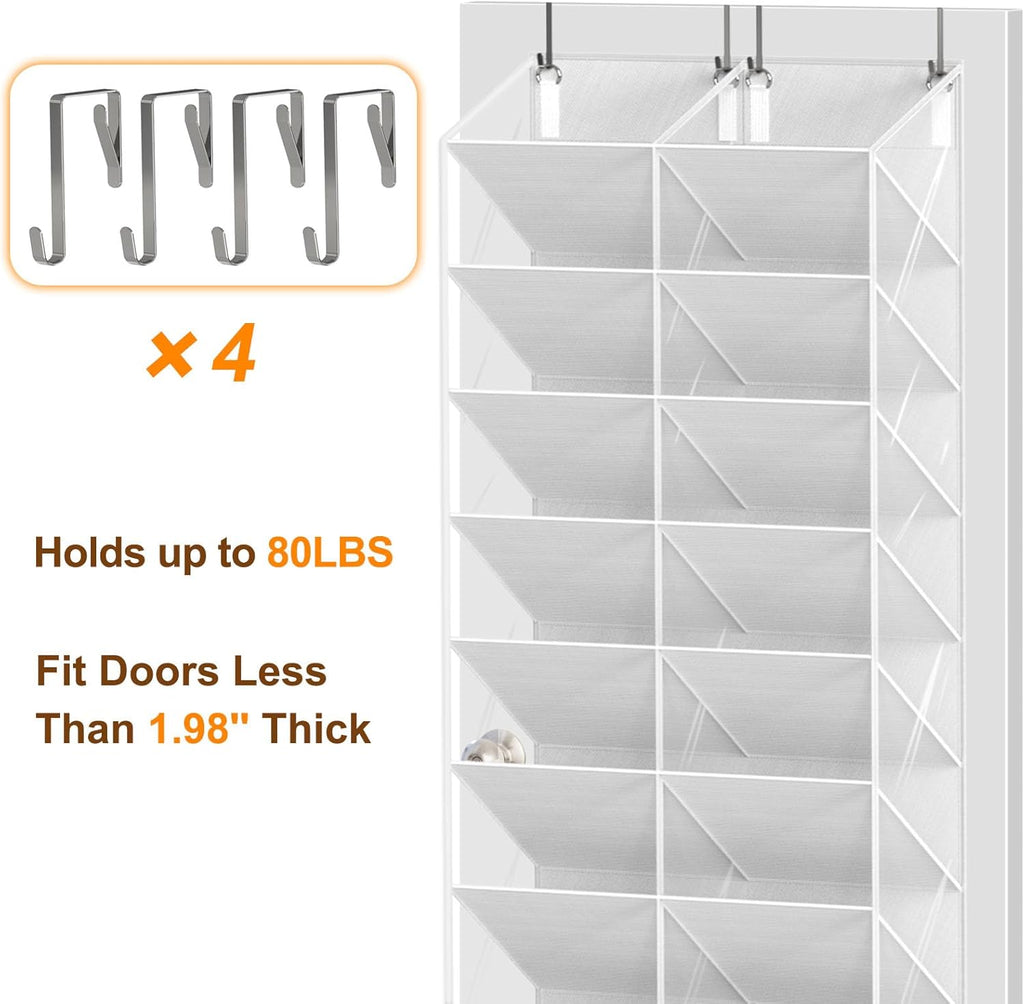 UVIAHOMI 20-30 Pairs Over the Door Shoe Organizer, Clear Pockets Hanging Shoe Storage for Closet, 10-Tier Door Shoes Rack, Handing Shoes Holder Fit All the Family's Sneakers, Boots, Heels, White