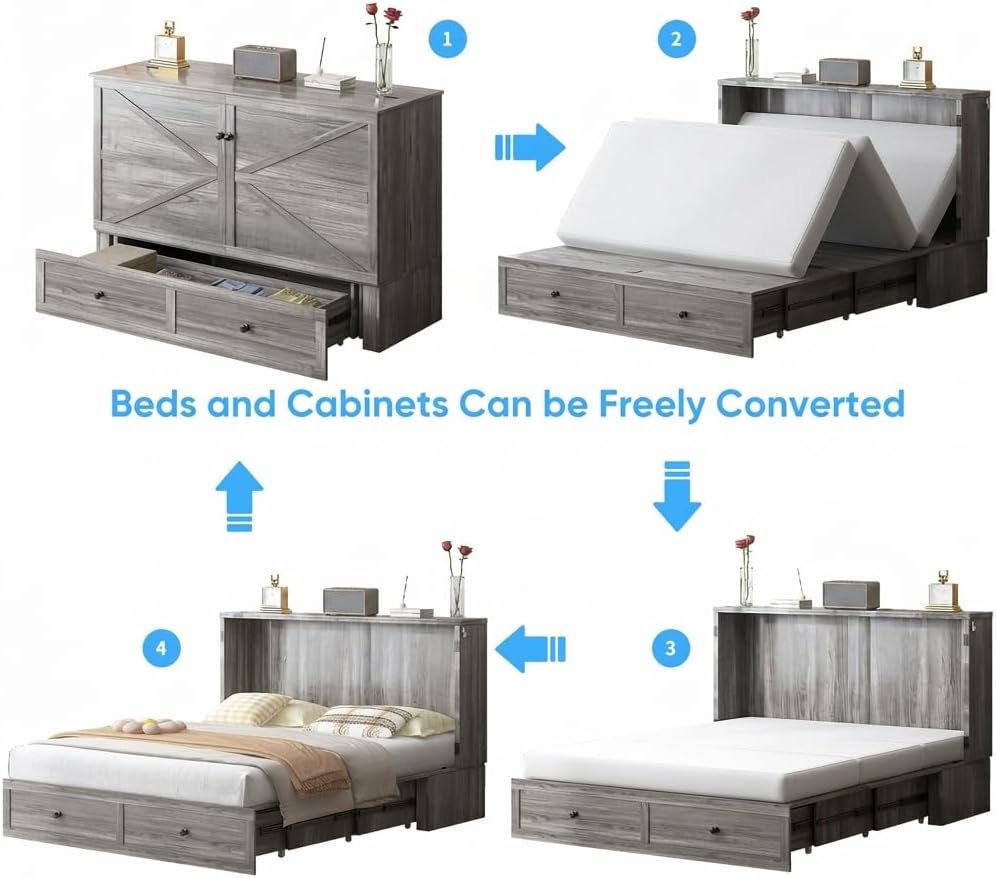 Mjkone Queen Size Murphy Bed with Tri-Folding Mattress, Farmhouse Murphy Cabi...