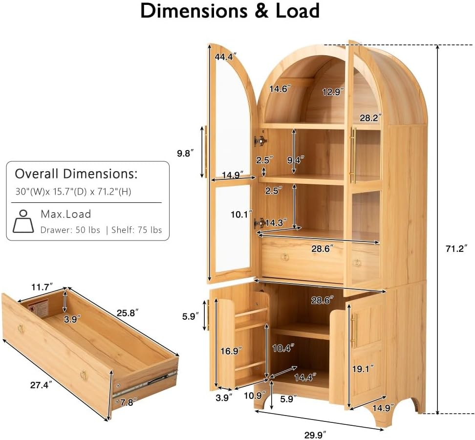 71" Tall Arched Kitchen Pantry Cabinet with Glass Doors, Adjustable Shel...