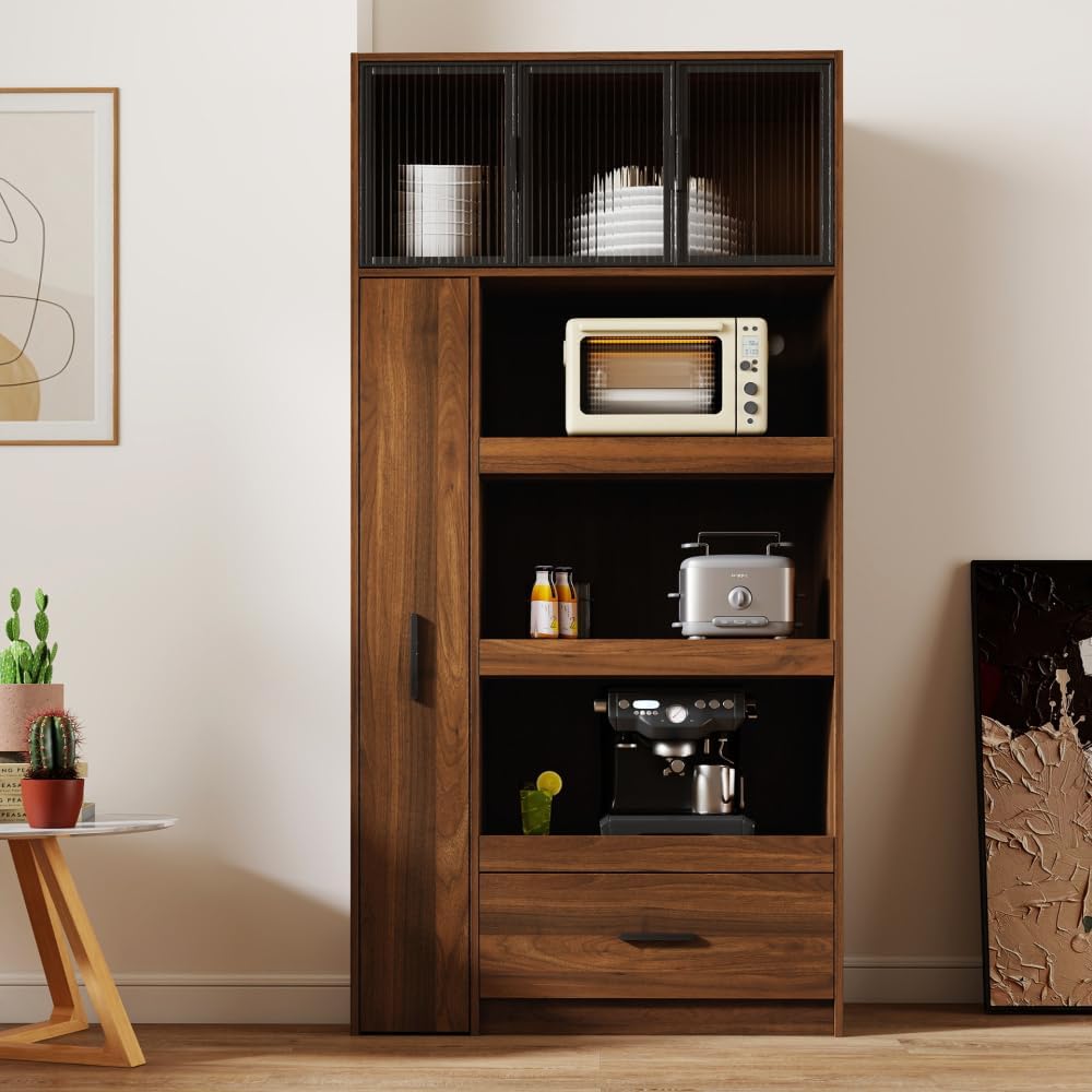 Modern Kitchen Pantry Cabinet with Glass Door, Walnut, 70.87" Tall Stora...