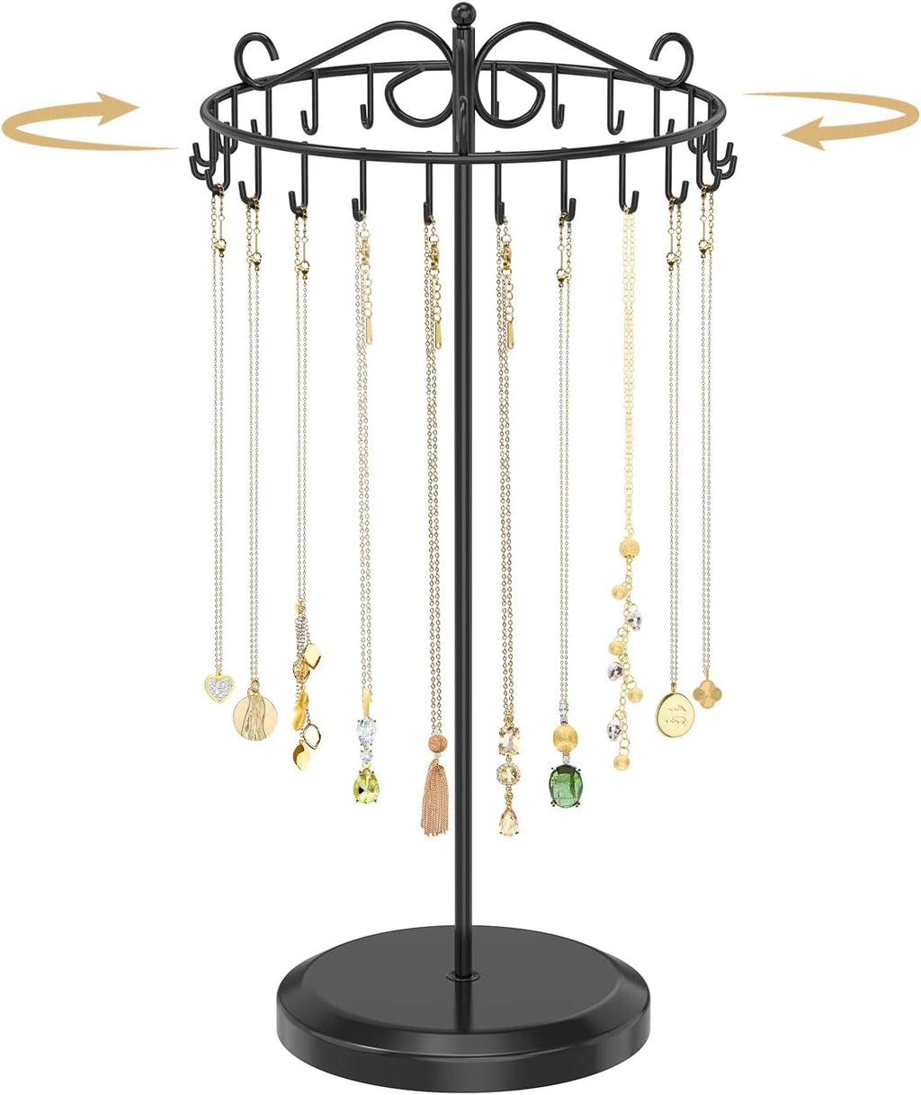 MODOWEY Rotating Necklace Holder Organizer Display Stand with 24 Hooks, Metal Spinning Tree for Long Necklace Hanger Selling, Tall Spinning Bracelet Storage Rack for Men Women Dresser, Black