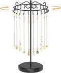 MODOWEY Rotating Necklace Holder Organizer Display Stand with 24 Hooks, Metal Spinning Tree for Long Necklace Hanger Selling, Tall Spinning Bracelet Storage Rack for Men Women Dresser, Black