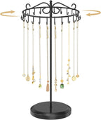 MODOWEY Rotating Necklace Holder Organizer Display Stand with 24 Hooks, Metal Spinning Tree for Long Necklace Hanger Selling, Tall Spinning Bracelet Storage Rack for Men Women Dresser, Black