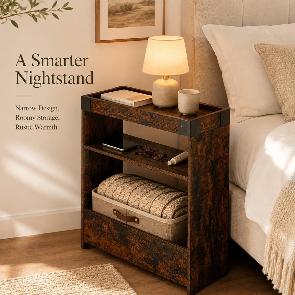 Farmhouse Narrow Side Table with Tray Top & Magazine Rack, Sofa Couch Sid...