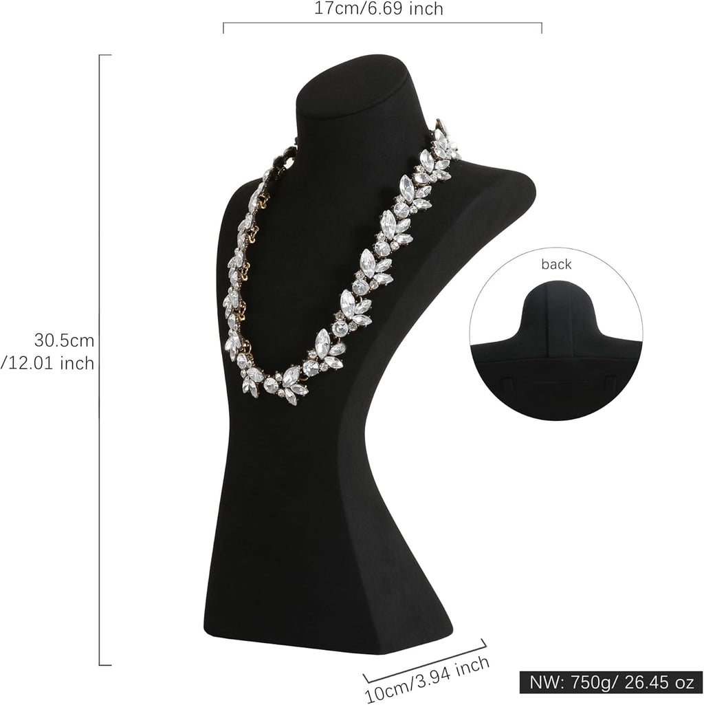 GemeShou Black necklace storage hanger stand jewelry organizer, Velvet jewelry stand necklace holder, jewelry mannequin bust for necklaces, jewelry bust display stands【Black-Large height 12 inch】
