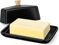 Flexzion Ceramic Black European Butter Dish with Lid for Countertop (7 Inch) - Wide 2 Stick Double Butter Holder for Counter, Cream Cheese Container Storage Keeper