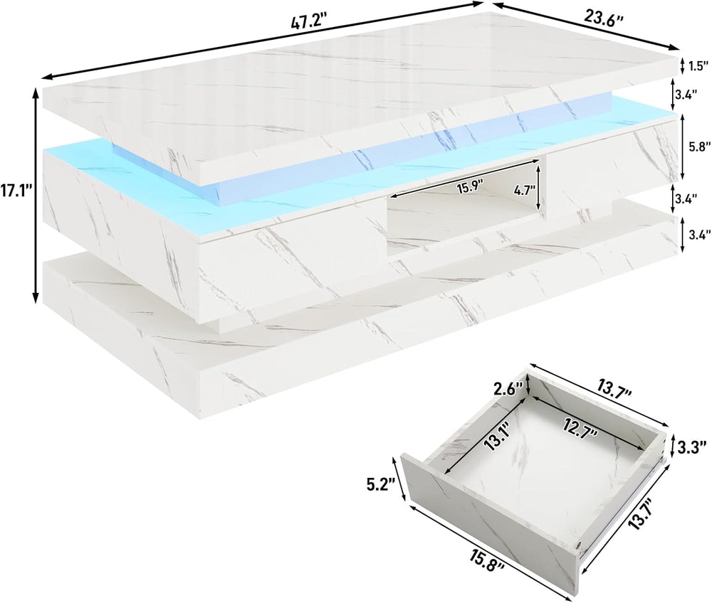47.2 Inch Modern High Glossy LED Coffee Table with 2 Sliding Drawers, Double-...
