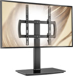 Universal Swivel/Table Top TV Stand 27 to 60 inch TVs 80 Degree Swivel, 4 Level Height Adjustable, Heavy Duty Tempered Glass Base, Holds up to 99lbs Screens, HT04B-001