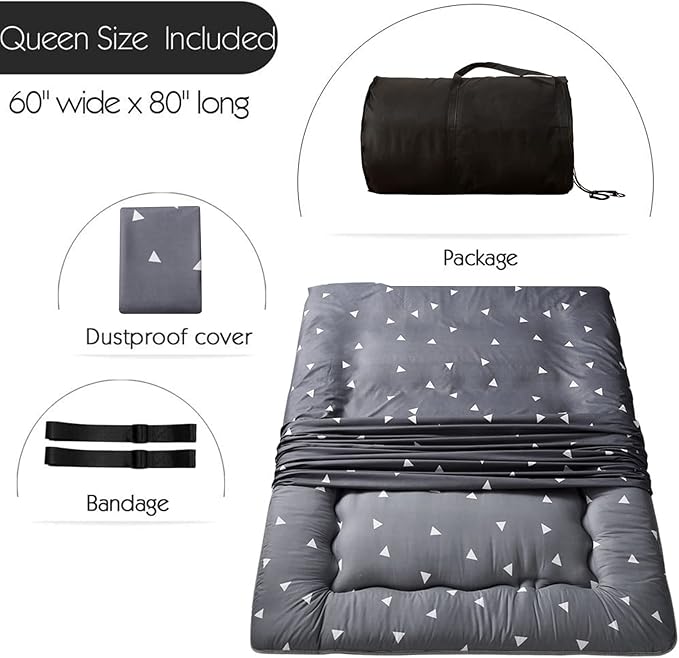 MAXYOYO Japanese Floor Mattress Futon Mattress, 4" Thicken Tatami Mat Sleeping Pad Foldable Roll Up Mat Boys Girls Dormitory Pad Kids Floor Lounger Pillow Bed, Charcoal Grey, Queen Size