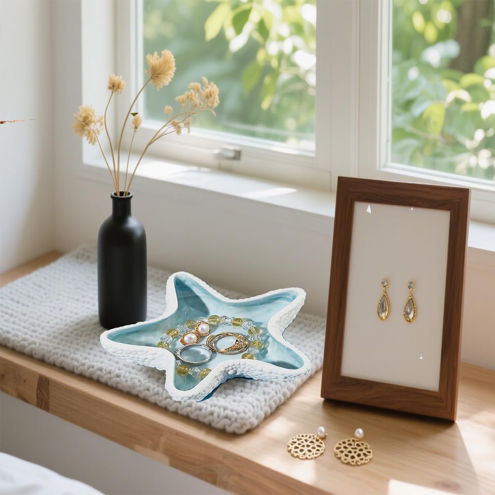 Ceramic Shell Jewelry Dish - Ocean-Themed Ring Earring Holder, Coastal Decor Trinket Tray for Necklaces Bracelets Keys, Beach Room Decor Gift (starfish)