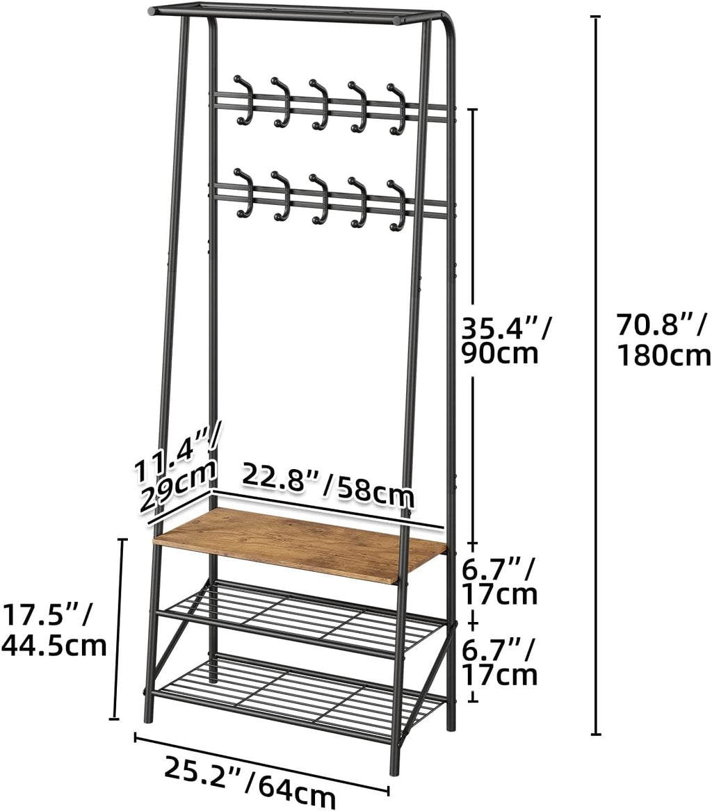 Amyove Coat Rack Shoe Bench with 10 Hooks, Hall Trees Entryway Bench with Storage, Multifunctional Hallway Organizer, Wood Look Accent Furniture with Metal Frame