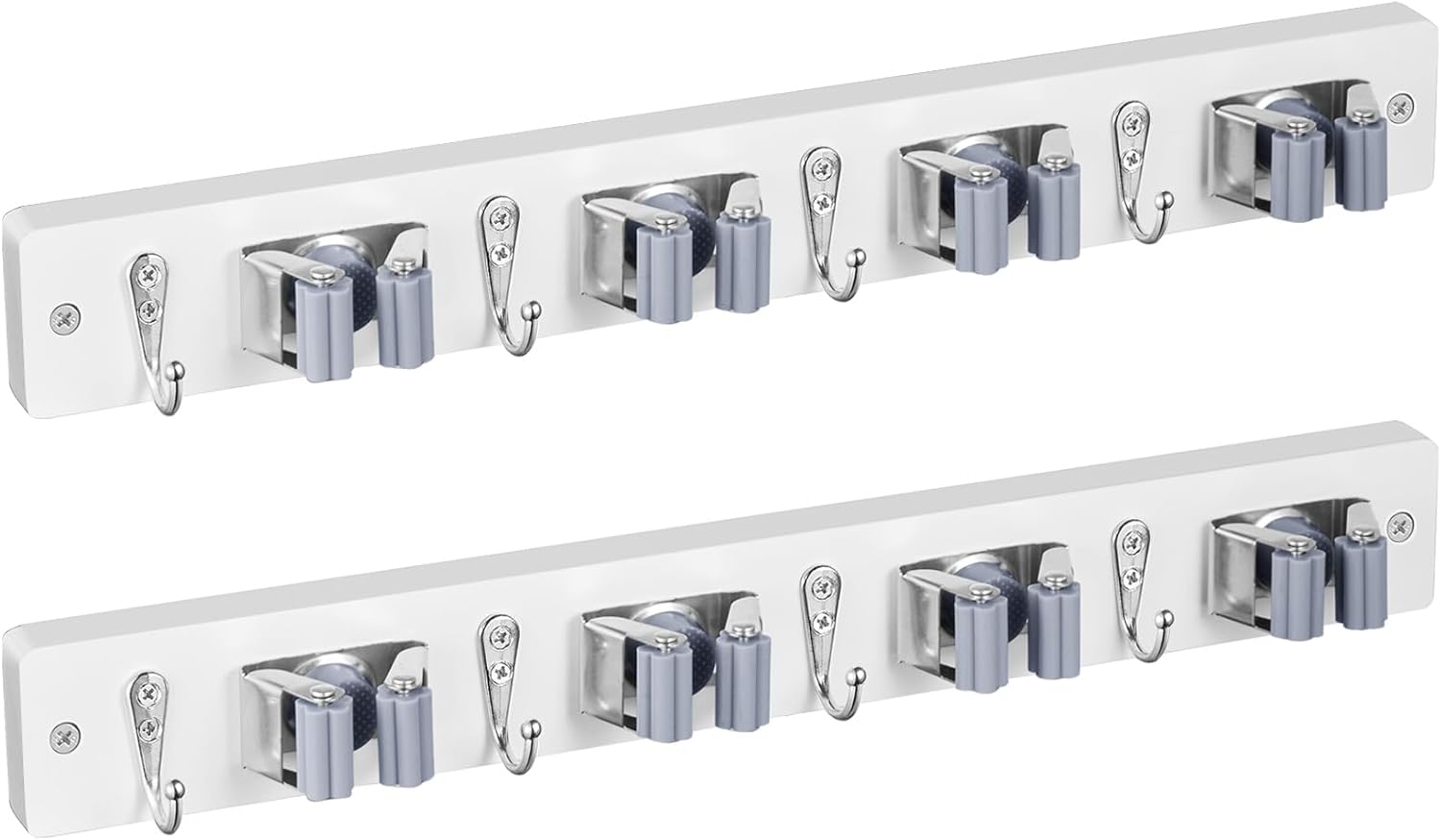 2 Pack Mop Broom Holder Wall Mount - White Wood Broom Mop Hanger - Wall Mounted Garden Tool Rack Organizer for Closet Garage Laundry Room, 4 Slots & 4 Hooks