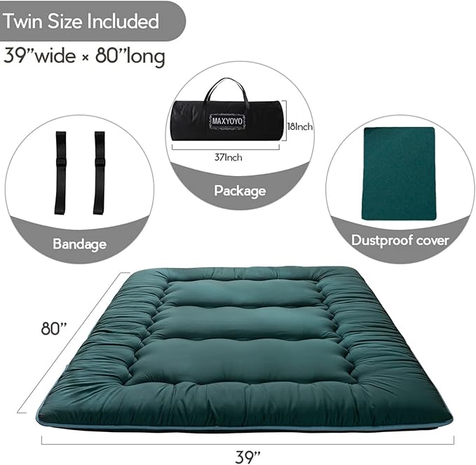 MAXYOYO Japanese Floor Mattress Futon Mattress, 4" Thicken Tatami Mat Sleeping Pad Foldable Roll Up Mat Boys Girls Dormitory Pad Kids Floor Lounger Pillow Bed, Charcoal Grey, Queen Size