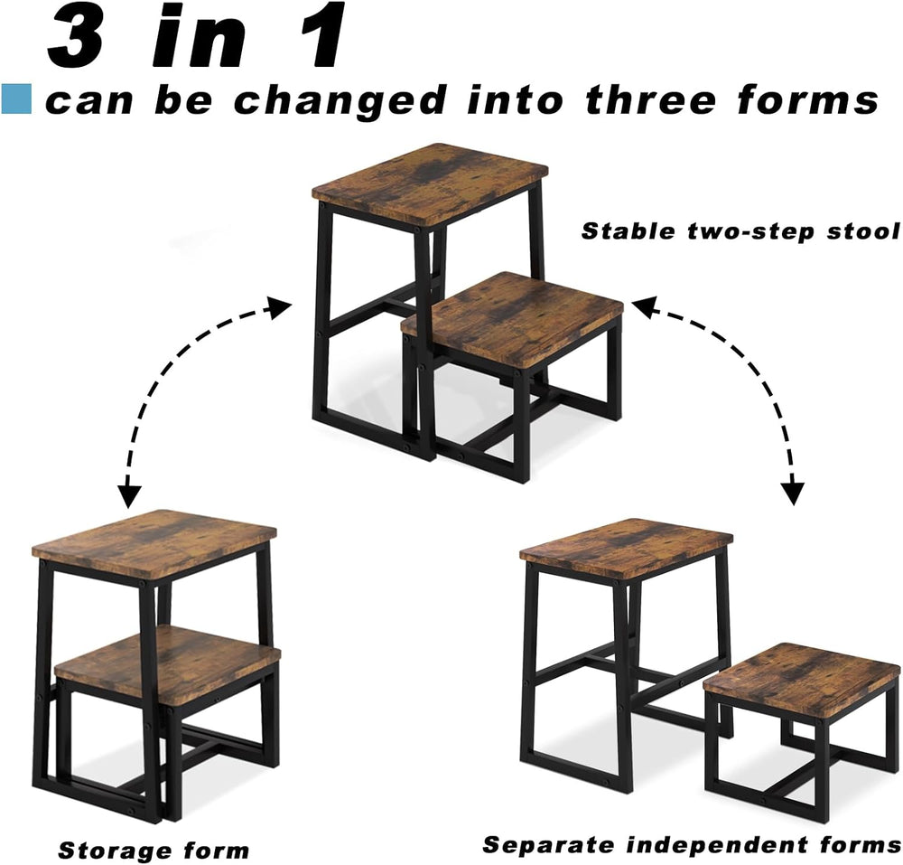 2 Step Stool for Adults Wooden Step Stool with 500 Lbs, Rustic Brown | Kitche...