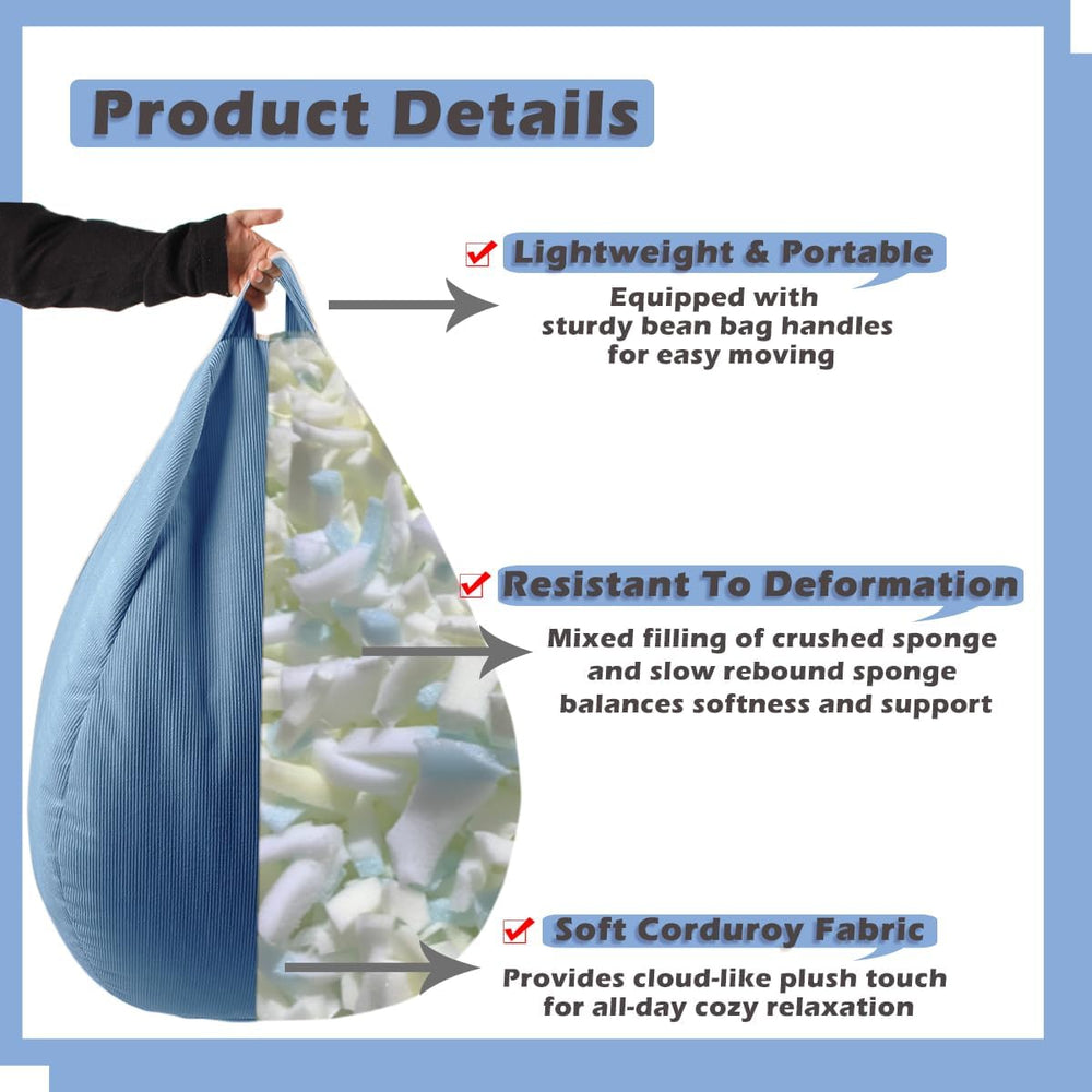 LPMOERA 3FT Memory Foam Filling Bean Bag Chair Blue | Skin-Friendly,Hidden Zi...