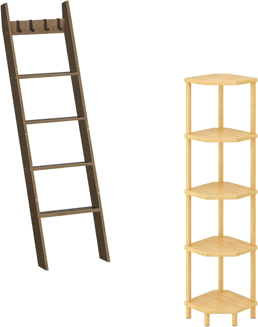 HOOBRO Blanket Ladder and Corner Shelf Stand Bundle, Decorative Ladder Shelf with 4 Removable Hooks, Corner Shelves Display Shelf for Living Room, MA51CJ01G1-YL108CJ01