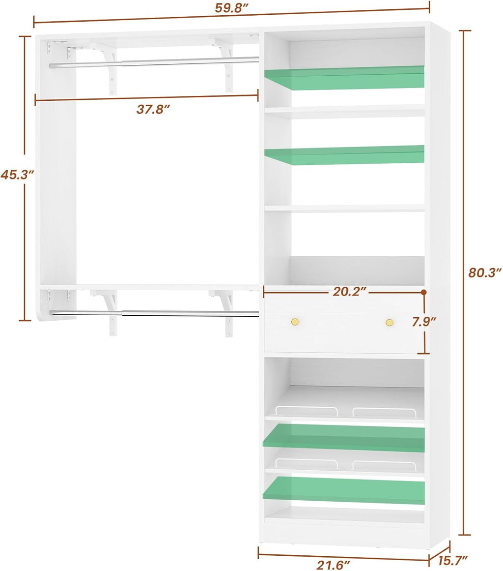 Closet System with Drawer - Reversible 5FT Wood Closet Organizer System with 2 Hanging Rods and Adjustable Shelf, Walk In Closet Organizers with Shoe Rack, Built-In Garment Rack Clothes Rack, White