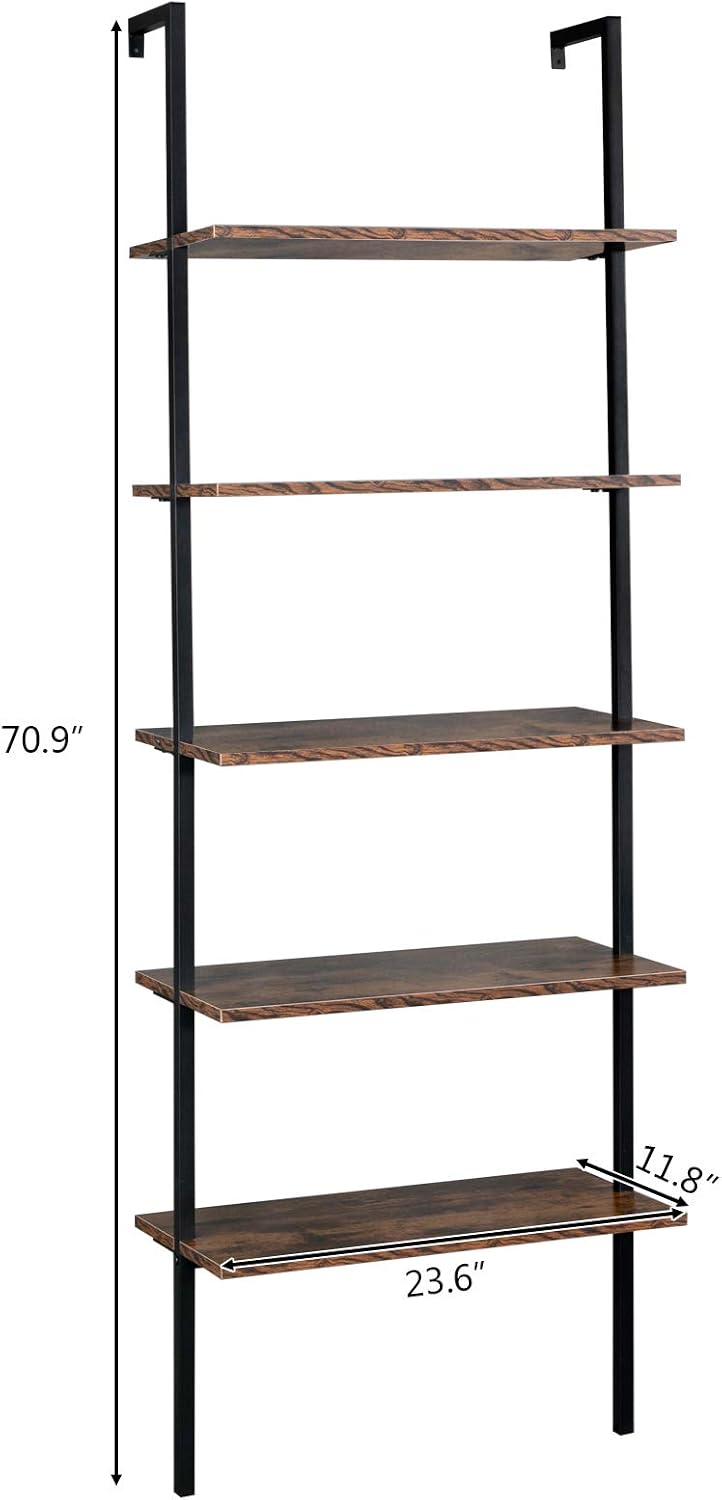 5-Tier Wall Mounted Ladder Shelf, Industrial Bookshelf with Metal Frame, Rustic Brown Bookcase for Home Office Living Room, Storage Rack for Home Office,Industrial Display Rack Books